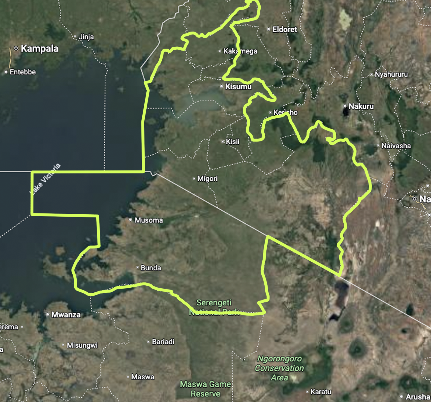 Map of Kenya and Tanzania highlighting ministry regions