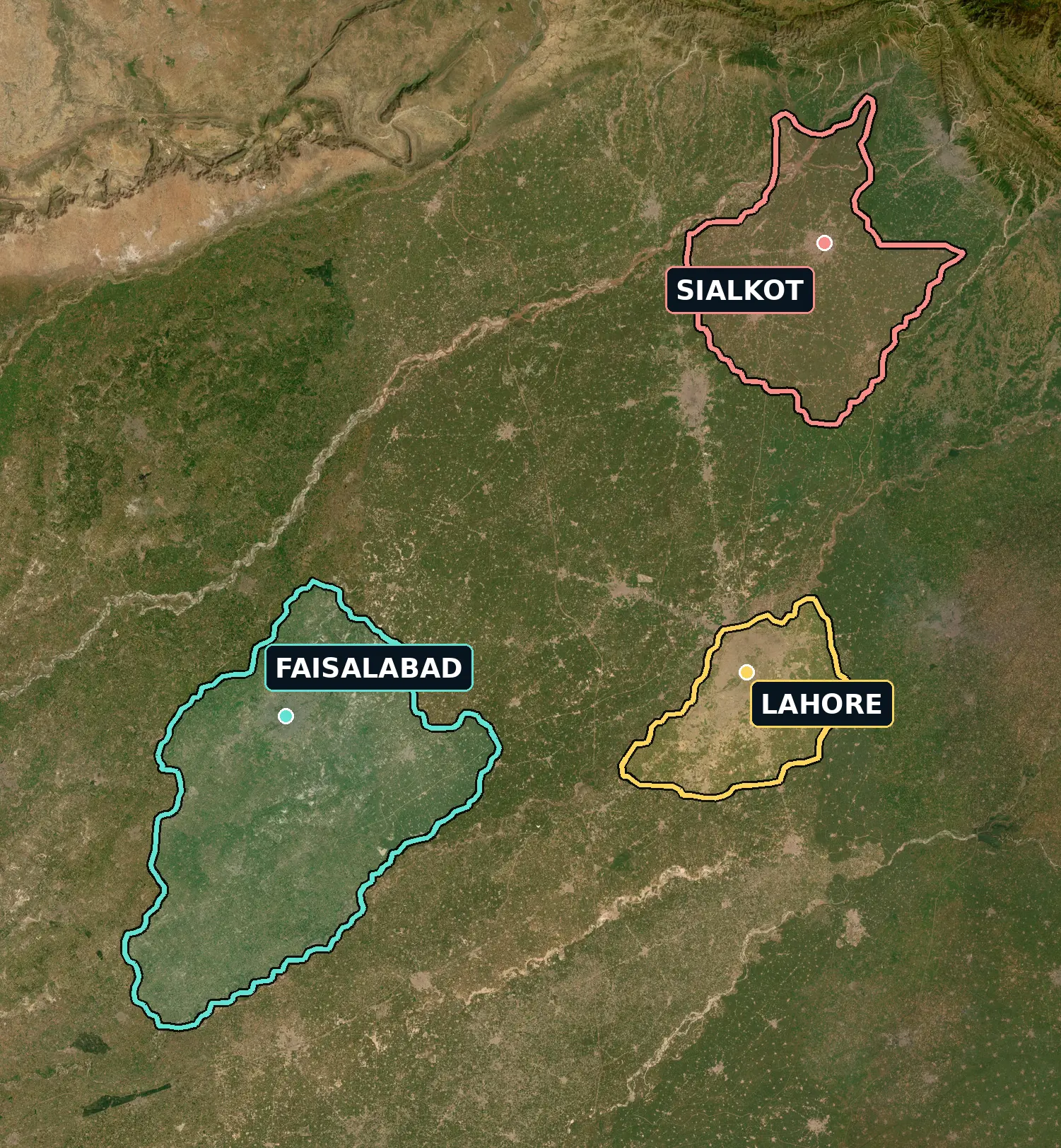Map of Pakistan highlighting ministry regions around Lahore, Faisalabad, and Sialkot