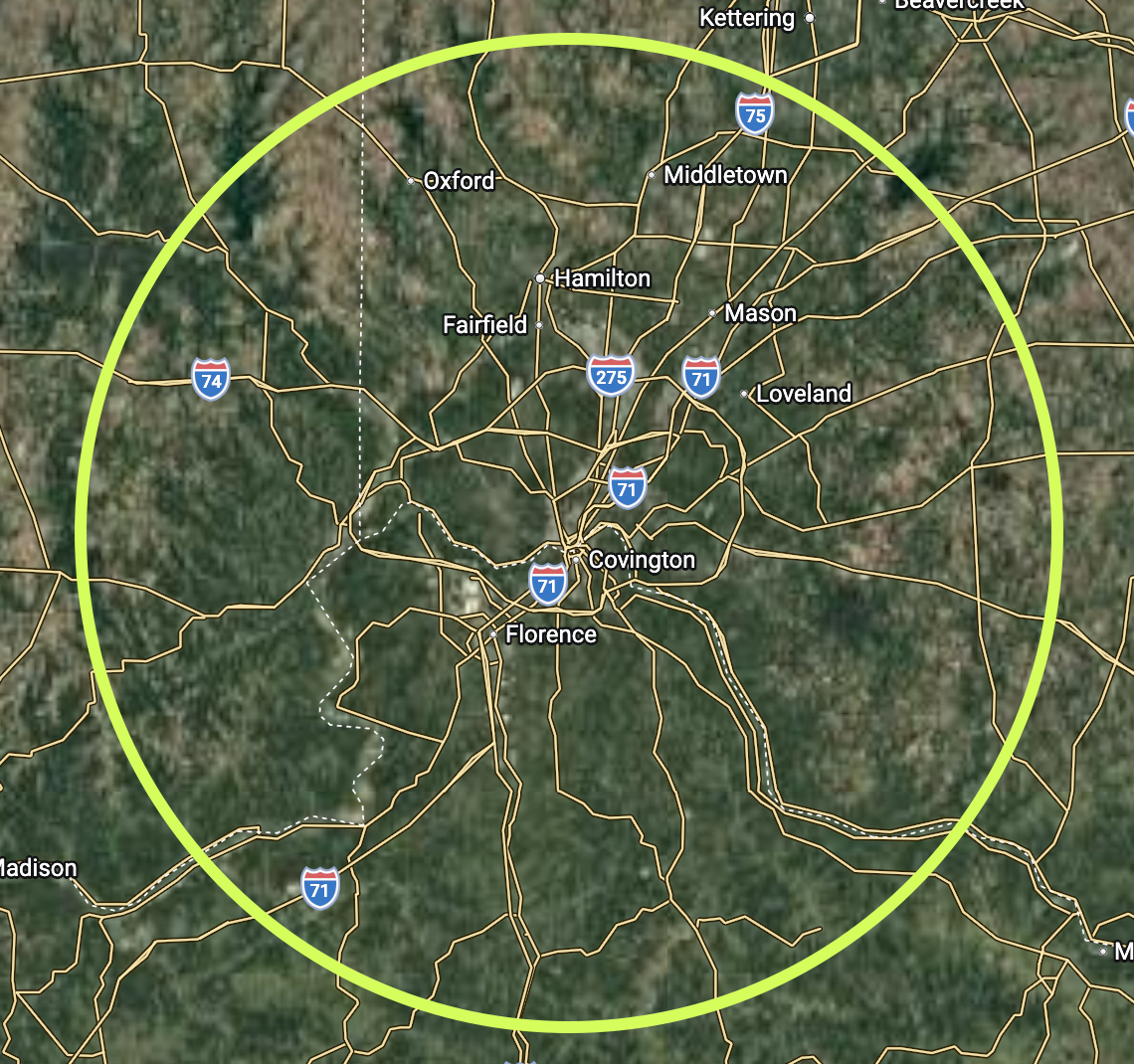 Map of the target area for the Missionary Sending Center in the Northern Kentucky, Southeast Indiana, and Southwest Ohio region